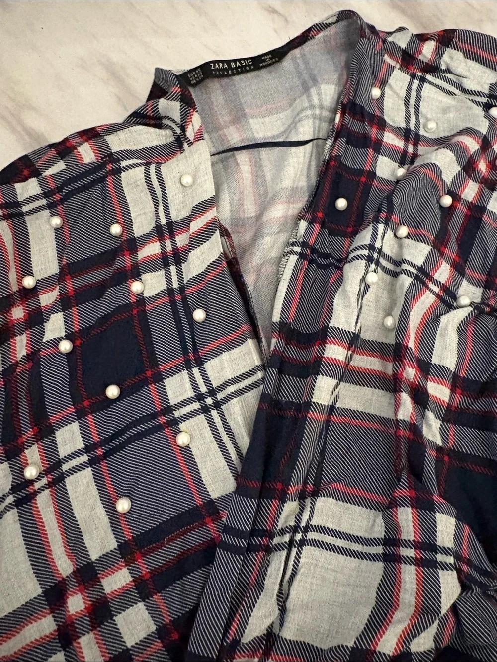 Zara Plaid Wrap Shirt in Navy, Red & White with Pearls - Picture 2 of 2